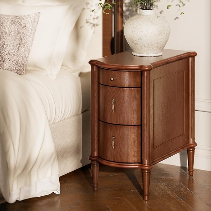 STO'SENSE Nightstand w/Charging Station & 3 Drawers, Pre-Assembled, Vintage Side Table w/Antique-Finished Pulls, Rustic Wood Finish, Narrow End Table w/Turned Legs for Bedroom (1, Brown)