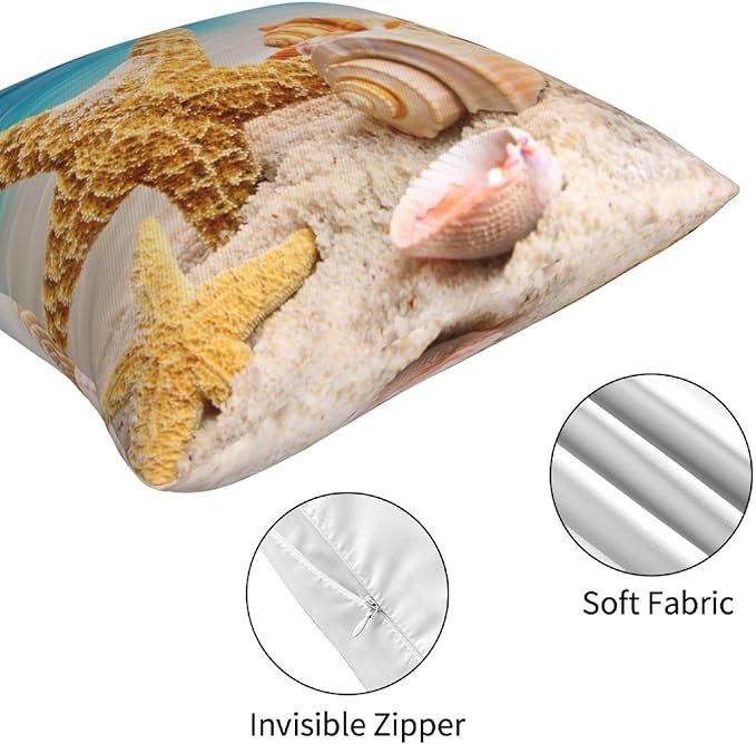 Ocean Beach Throw Pillow Covers 18 x 18 Inch Seashell Starfish Conch Ocean Themed Decorative Pillows Soft Cushion Cases for Couch Sofa Bed Home Decor Set of 4