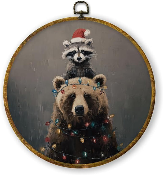 QZQE Christmas Raccoon Bear Round Wall Art Decor Framed, Christmas Holiday Circle Canvas Prints, Rustic Winter Xmas Animals Circular Wall Hanging Decor for Home Bedroom Nursery Room, 10x10 Inch