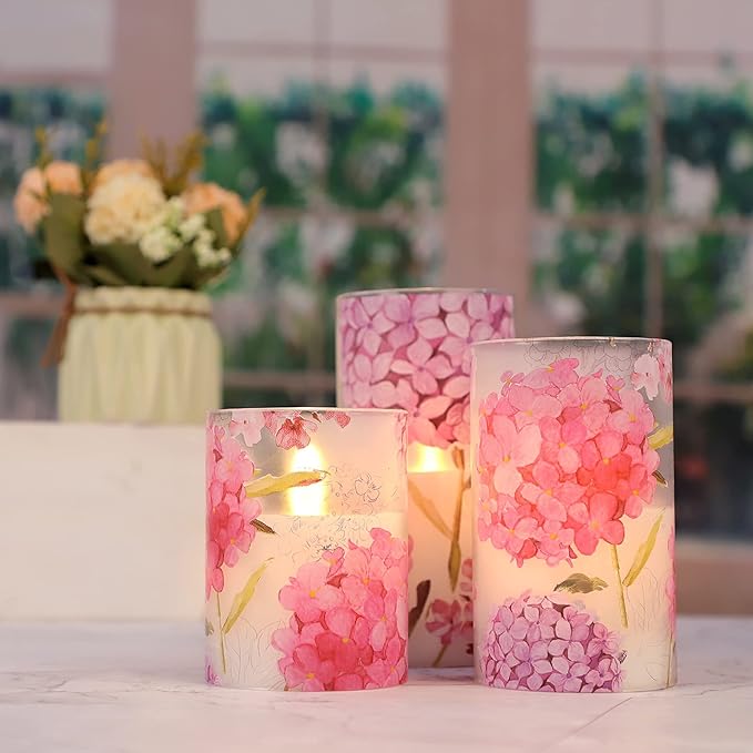 Flameless Candles Flicker LED Flame-Simulated, Pink Hydrangea Love Theme Realistic Glass Candles with Remote Timer, Lady's Gift Home Decor Bedroom Dinner Table Ornament 3" x 4" 5" 6"