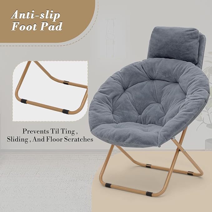 Athena Collection Comfy Saucer Chair with Headrest Oversize Round Cozy Chair Folding Chair Faux Fur Metal Frame Foldable Reading Chair Accent Chair for Bedroom Living Room Set of 2, Grey