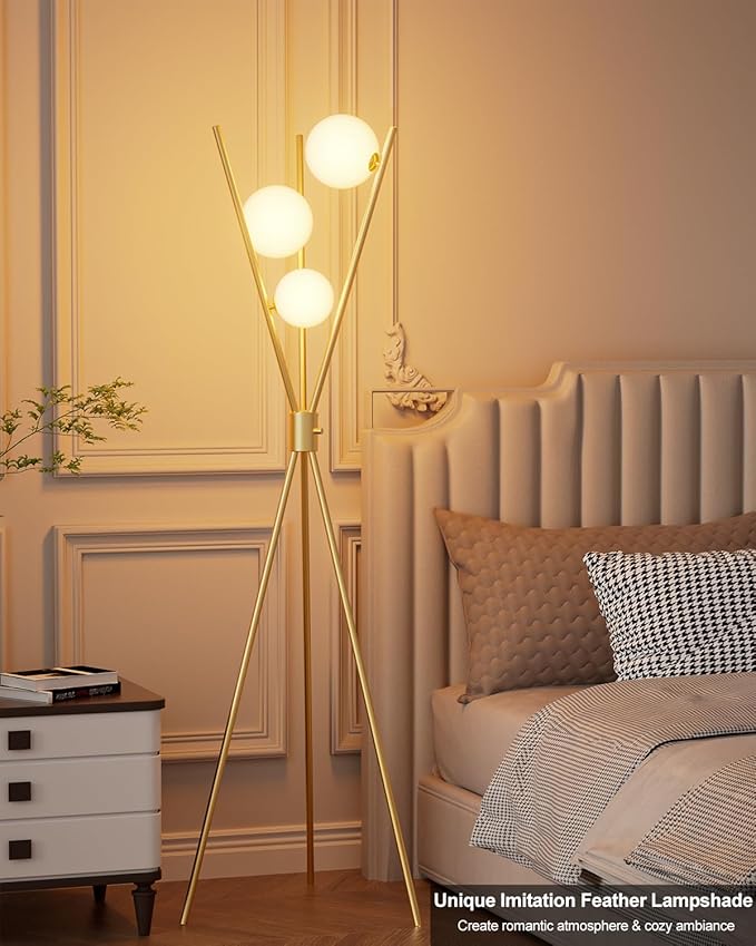 Lightdot Tripod Floor Lamp Stepless Dimmable Globe Modern Floor Lamp Gold Standing Lamps with 3PCS 3000K G9 Bulbs Stable Base Mid Century Modern Floor Lamps for Living Room