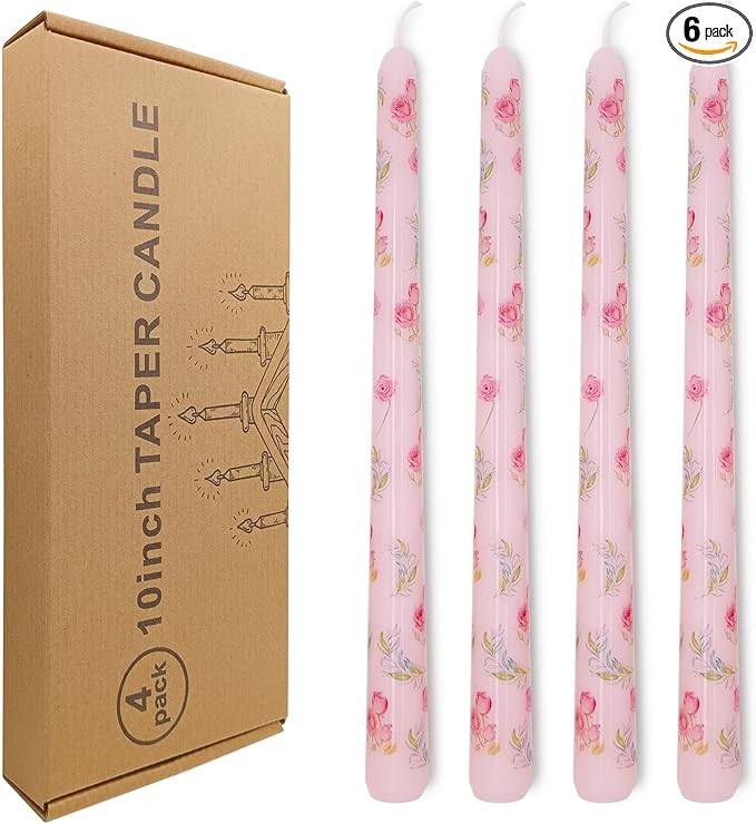 10 Inch Flower Taper Candles 4 Pcs Unscented, Smokeless, Dripless Long Tapered Candlesticks Candles for Mother's Day Birthday Dinner Dating Wedding Party Home Decor