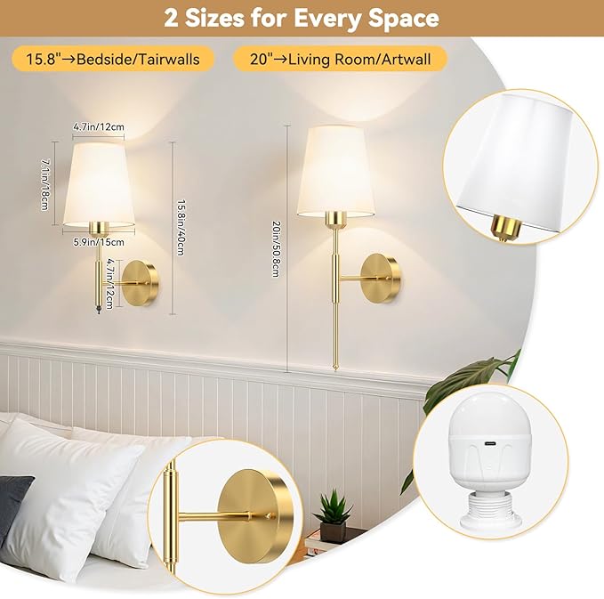 20 inch Battery Operated Wall Sconces Set of 2, Wireless Wall Lights with Rechargeable Bulbs & Remote, 15 Colors & Dimmable, Battery Powered Wall Lights for Bedroom, Living Room, Hallway, Gold