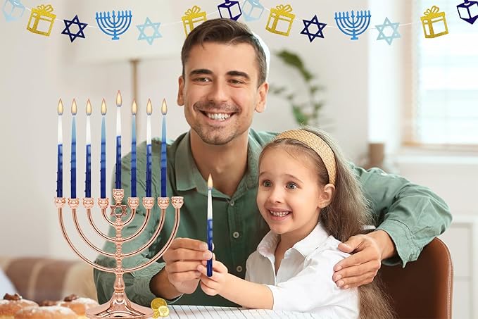 The Dreidel Company Dripless Deluxe Tapered Pastel Blue and White Hanukkah Menorah Candles for All 8 Nights of Chanuka (2-Pack)