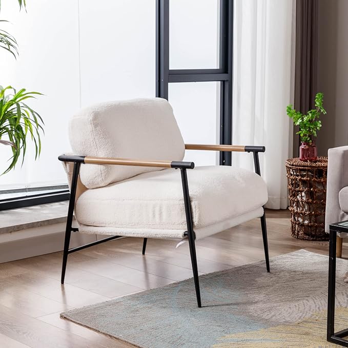 LukeAlon Mid-Century Sherpa Accent Chair, Ultra Soft Living Room Chair with Metal Legs Modern Armchair Lounge Chair Upholstered Comfy Leisure Chair for Bedroom Reception Area Reading Room, White