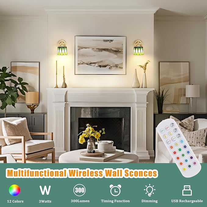 Vintage Battery Operated Wall Sconce Set of 2, 5000mAh Rechargeable Wall Lamp 12 RGB Colors Dimmable, Gold Lights Fixture for Bedroom Bathroom Living Room Hallway Green Checker