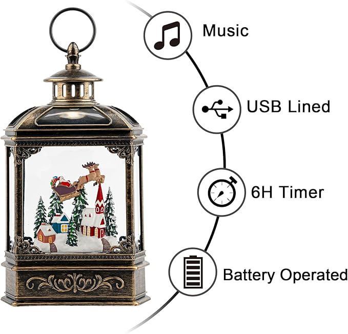 Christmas Snow Globe Lighted Church & Flying Santa Scene, Musical Snow Water Lantern Swirling Glittering Home Decoration and Gift, Battery Operated or USB Powered