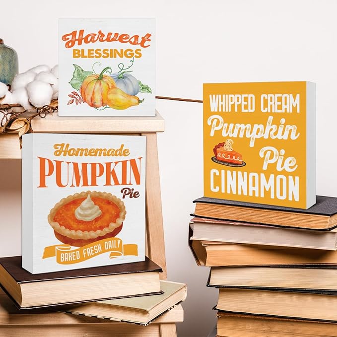 3 Pcs Fall Wood Signs Decor Autumn Pumpkin Wood Block Signs Farmhouse Fall Pumpkin Pie Harvest Blessings Wooden Box Signs Home Decorations for Tiered Tray Desk Table Shelf