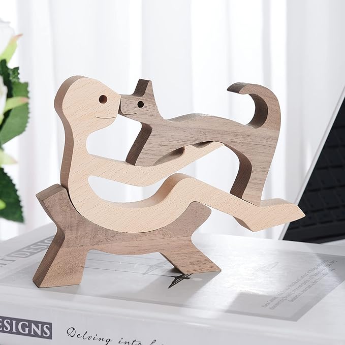 Animal Decor Wooden Statue Man and Cat Figurines Decor Carved Wood Decorative Sculpture