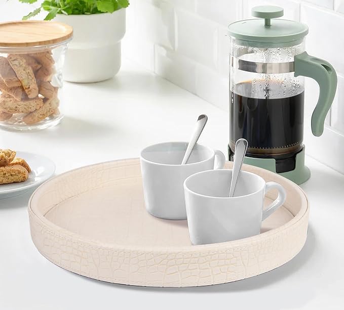 HofferRuffer Faux Leather Round Serving Tray, Vegan Croco Leather Decorative Tray, Food Tray for Storage Drinks, Snack & Cosmetics, Dia.12'' x 1.6'' (CreamWhite/Tiny Yellow)