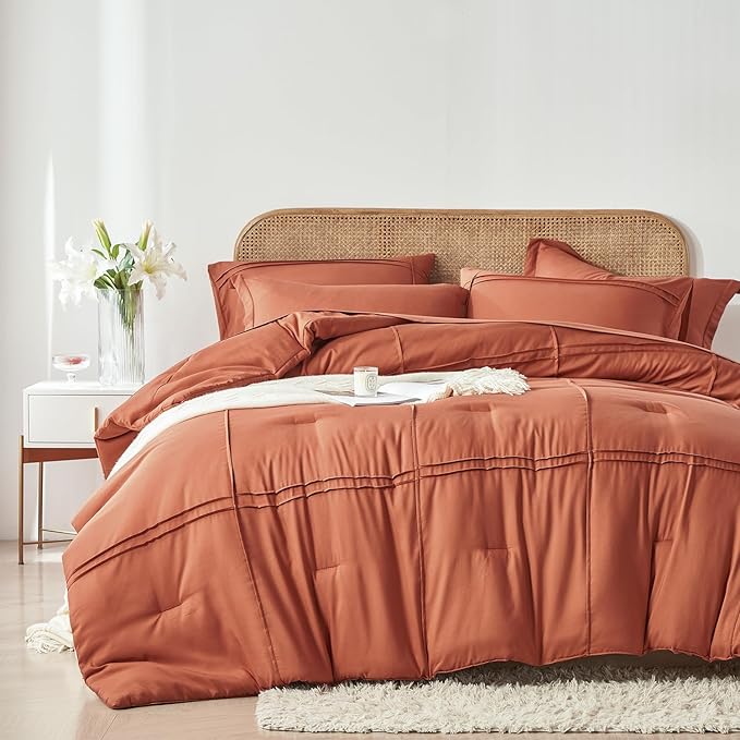 Yogeneg Full Size Comforter Set 7 Piece Bed in a Bag,Grid Pinch Pleat Terracotta Bedding Set,Striped Textured Soft Microfiber Comforter with Sheet Set,All Season Complete Bed Set(Terracotta,Full)