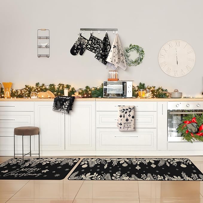 10 Pcs Christmas Kitchen Decor Set Kitchen Towels and Rugs Oven Mitts Pot Holders Absorbent Towels for Baking Cooking BBQ Gifts Home Decor(Black and Gray,Pine and Holly)