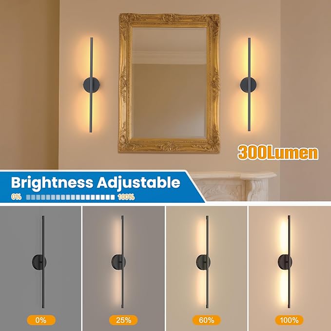 NIORSUN 27.6 Inch Battery Operated Wall Sconce Set of 2, Black Round Base Rechargeable Wall Lights with Remote, 3CCT Dimmable Wireless Wall Sconces for Living Room Bedroom Hallway
