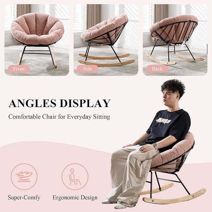 NIOIIKIT Nursery Saucer Rocking Chair, Corduroy Upholstered Round Glider Chair, Nursing Chair with Comfy Cushion, Tufted Papasan Chair, Cozy Reading Chair for Living Room, Bedroom (Pink)