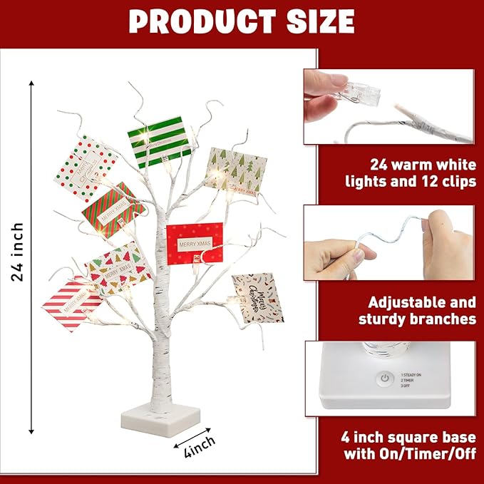EAMBRITE Christmas Tree with Gift Cards, Money Tree Gift Holder, White Lighted Birch Tree Tabletop 2 FT 24 LED, Light Up Display Twig Gift Card Tree with 8 Clear Clips for Home Christmas Decorations