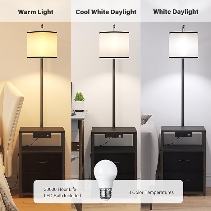 SUNMORY Floor Lamp with Table & 2 Drawers, Lamp with USB Port and Outlet, Lamps for Nightstand with 3 Color Temperature Led Bulb Included, Floor Lamps for Living Room, Bedroom and Home Office, Black