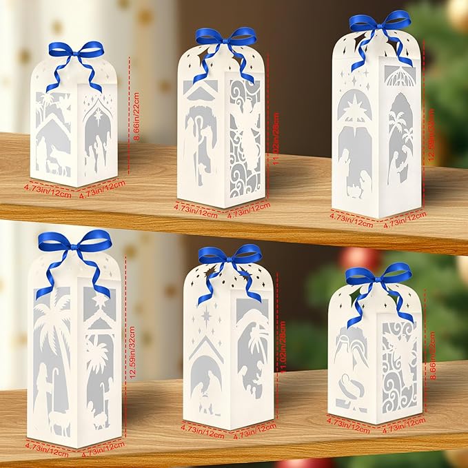 OuMuaMua Christmas Nativity Centerpiece Table Decorations, 6 Pcs Light Up Nativity Scene Paper Lanterns Decorative Glitter Table Centerpiece Boxes for Religious Xmas Holiday Party Home Decor