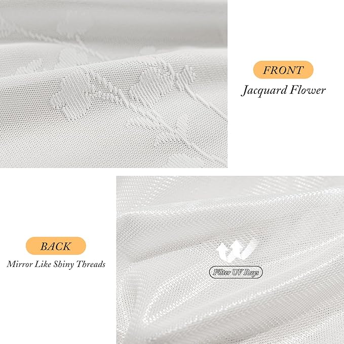 Anmao White Semi Sheer Light Filtering Extra Long Curtains 2 Panels, Flower Pattern Drapes for Living Room Bedroom, Rod Pocket Privacy Window Treatments with Floral Design, 52x108 Inch