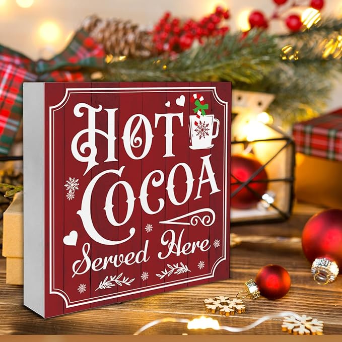 Vintage Christmas Decor, Hot Cocoa Wooden Sign, Coffee Bar Wooden Block Sign, Christmas Kitchen Decorations for Table Shelf 5 x 5 Inch