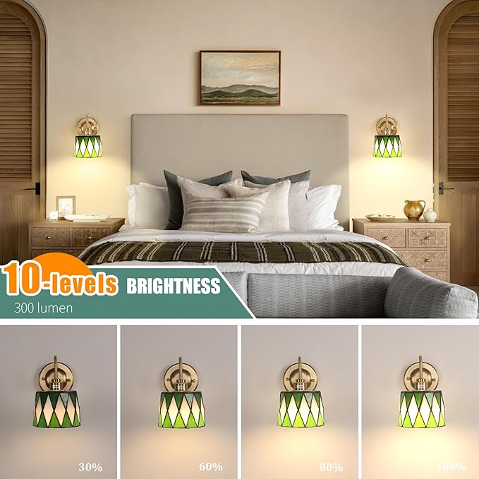 Vintage Battery Operated Wall Sconce Set of 2, 5000mAh Rechargeable Wall Lamp 12 RGB Colors Dimmable, Gold Lights Fixture for Bedroom Bathroom Living Room Hallway Green Checker