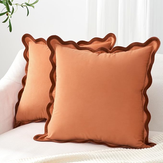 MONDAY MOOSE Decorative Throw Pillow Covers Cushion Cases, Set of 2 Soft Velvet Scalloped Wavy Edge Designs, Mix and Match for Home Decor, Pillow Inserts Not Included (Rust/Coral, 16x16 inch)