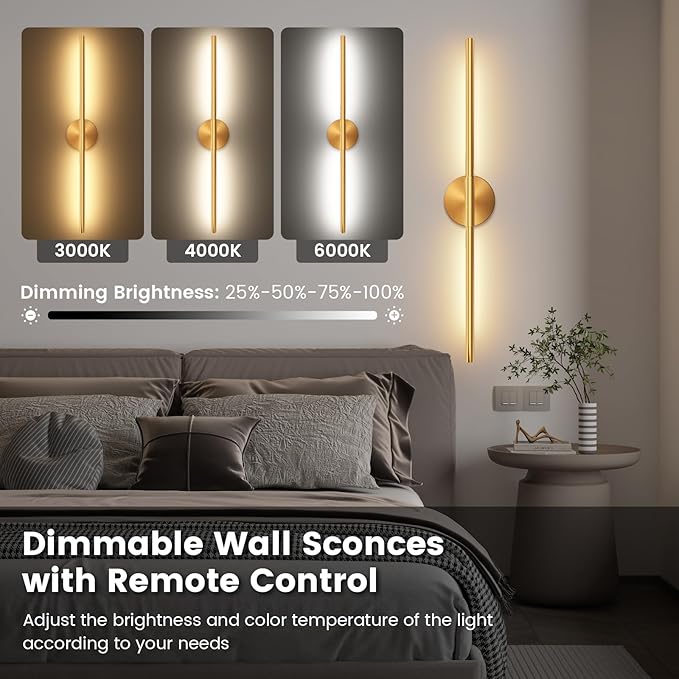 Battery Operated Wall Sconces Set of 2, 360°Rotation Wireless Rechargeable Wall Lights: Dimmable Detachable Wall Lamp with Remote Control, 3000K-6000K Infinite Dimming Wall Sconce 34.7 Inch