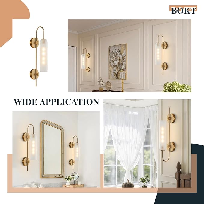 BOKT Mid Century Modern 1-Light Wall Mounted Light Brushed Gold Metal Wall Sconce Lighting Minimalist Anti Brass Wall Sconce Lamp White Glass Bathroom Vanity Light Fixture (White)