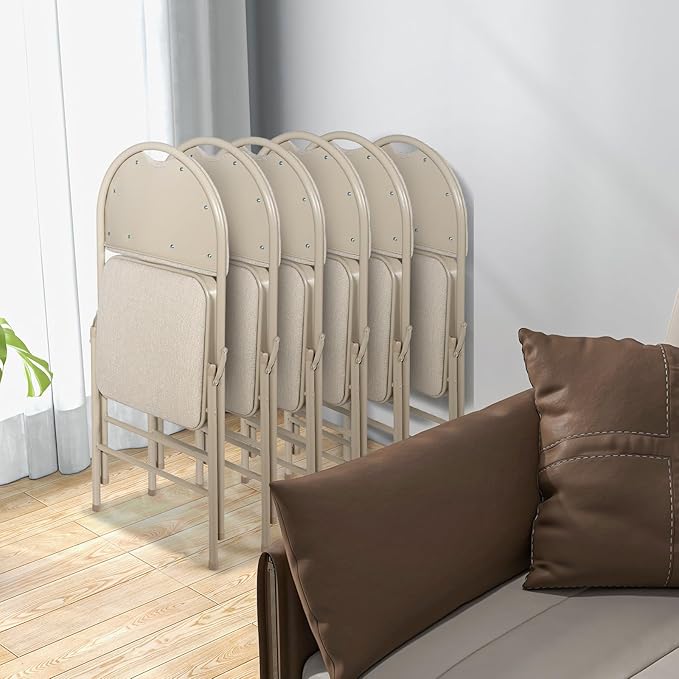 POWERSTONE Folding Chairs 6 Pack, Foldable Chair Set with Padded, Handle Hole and Metal Frame Dining Chair Set for Indoor and Outdoor, School, Office and Garden Party (Beige)