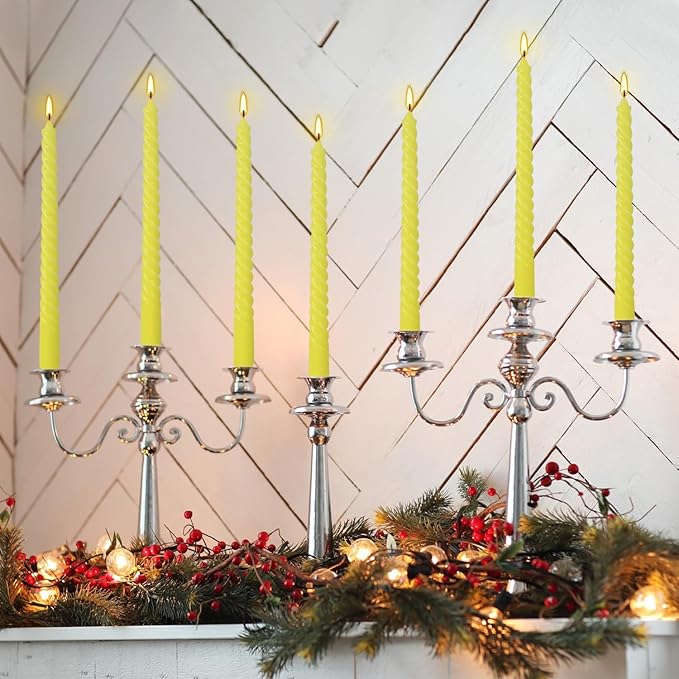 12 Pack 10 inch Yellow Spiral Taper Candles - Dripless, Smokeless, Unscented - 7 Hours Long Burning - Spiral Tall Candlesticks - Perfect for Home Decor, Weddings,Halloween, and Special Occasions.