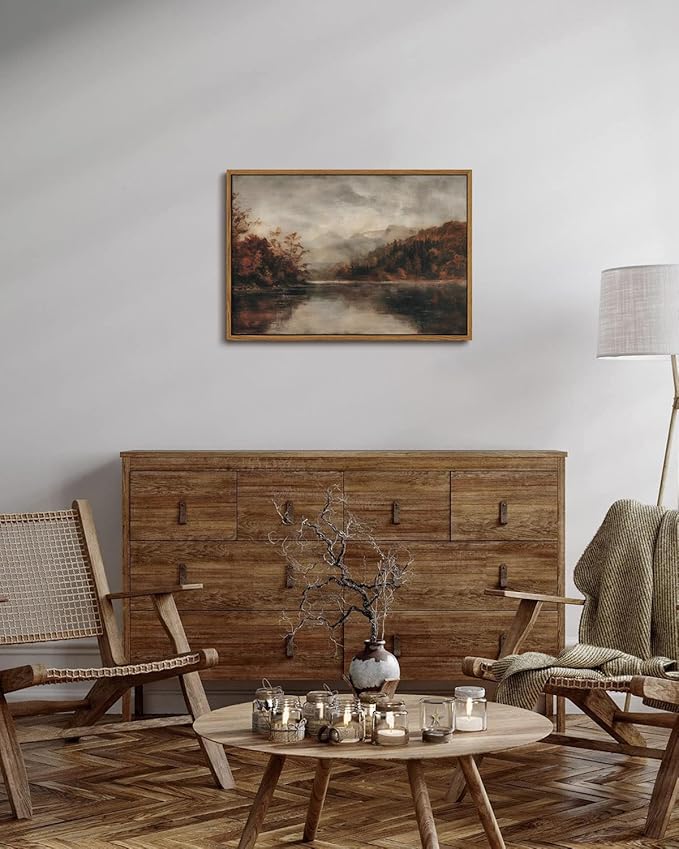 KISSFOX Vintage Autumn Lake Landscape Canvas Wall Art Fall Moody Farmhouse Rustic Country Painting Framed Wall Art Prints Artwork For Living Room Bedroom Kitchen