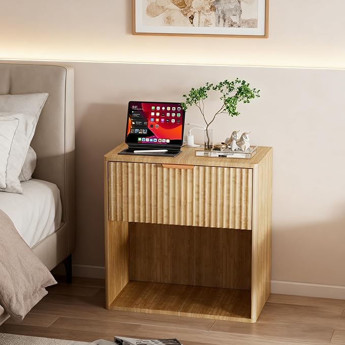 Mid Century Modern Nightstand - Single Drawer Wood Frame Bedside Table with USB Ports & Charging Outlets, Easy Assembly End Table for Bedroom