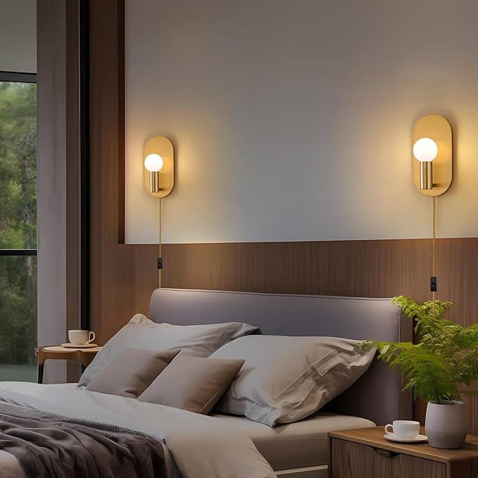 Plug in Wall Sconce Set of 2, Gold Modern Sconces Wall Lighting Cord with On Off Switch, Brushed Wall Mount Light Fixture for Bedroom Living Room Bathroom