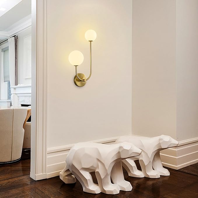 Milk Glass Wall Sconce Gold Wall Sconces Mid Century Modern Sconces Wall Lighting 2 Light Globe Sconce for Bedroom Living Room Hallway Wall Light Fixtures