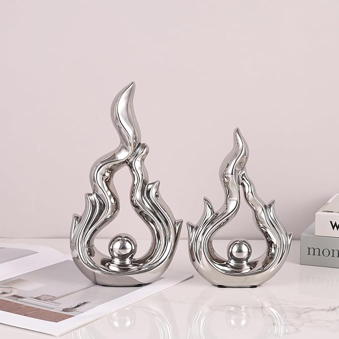 2 Pcs Silver Ceramic Sculptures for Home Decor, Modern Abstract Art Statues, Centerpieces for Dining Room Table, Living Room, Shelf, Mantel, Coffee Table, Entryway Accent Decorations