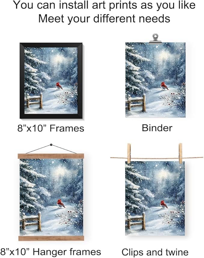 Wheatwin Winter Wonderland Vintage Christmas Wall Art Prints Set of 4, Blue Christmas Tree Snowman Wall Decor, Winter Xmas Decor for Home Bedroom Living Room, 8x10 (Unframed)