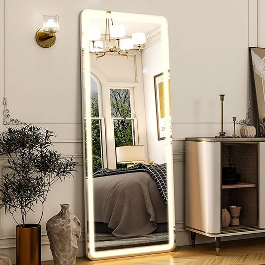 21"x56" Rectangular Full Length Mirror with LED Lights, Standing or Wall-Mounted Full Body Mirror with Stand, Dimmable 3-Color Lighted Floor Mirror for Bedroom, Dressing Room, Cloakroom