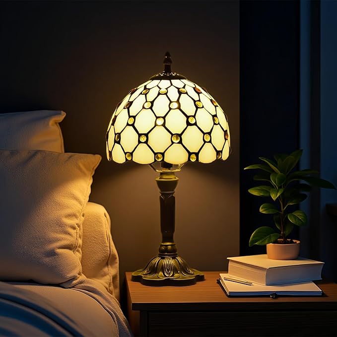 Tiffany Table Lamp,Yellow Beads Stained Glass Lamp,8" Small Tiffany Style Desk Lamp for Living Room Home,Bedroom Bedside Vintage Lamp for Office Dorm Bar Decor Gift,Included LED Bulb