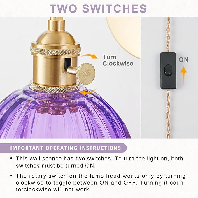 Plug in Wall Sconce, Vintage Sconce Light with Tulip Purple Glass Lampshade, 180° Adjustable Wall Sconce with Switch and Plug in Wall Lamp Cord, Gold Wall Light for Bedroom Bedside
