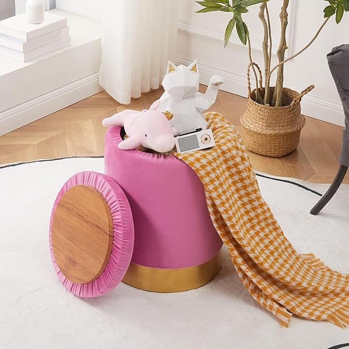 Mxfurhawa Velvet Storage Ottoman Multipurpose Footrest Stool with Metal Base Modern Round Vanity Stool Chair Ottoman Foot Stools Support 300 lbs Padded Seat for Living Room (Rose Pink)
