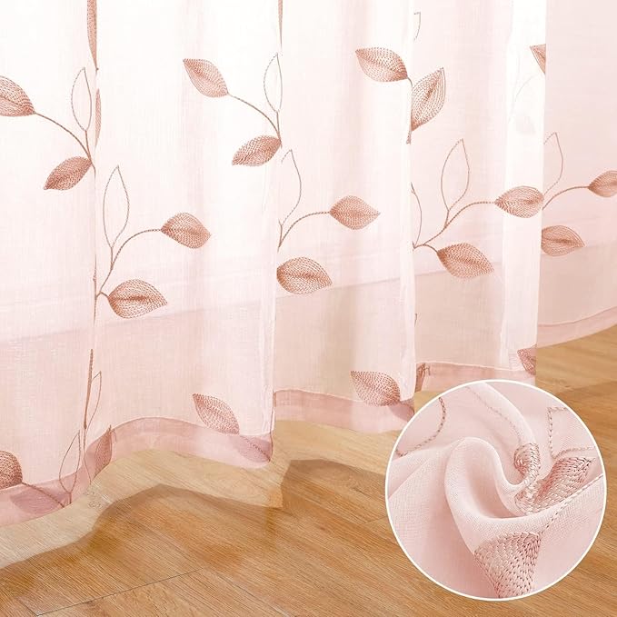 HOMEIDEAS Blush Pink Sheer Curtains 52 X 96 Inches Length 2 Panels Embroidered Leaf Pattern Pocket Faux Linen Floral Semi Sheer Voile Window Drapes for Bedroom Living Room