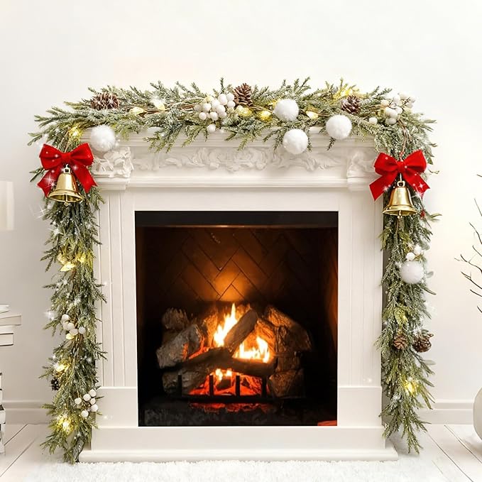 6FT Pre-lit Christmas Garlands with Lights Artificial Christmas Lighted Greenery Pine Cones Garland with White Berries for Christmas Door Mantle Stairs Railing Home Holiday Xmas Decoration Indoor