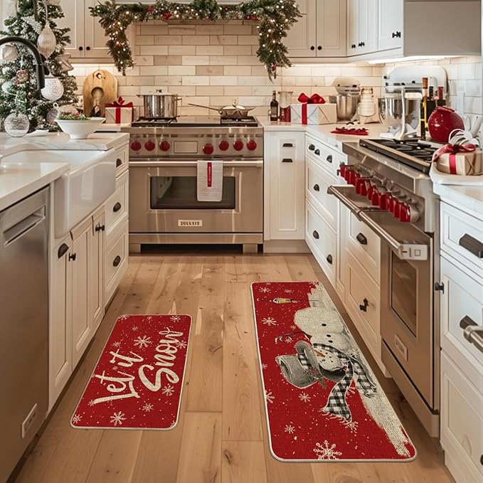 Artoid Mode Red Let It Snow Snowflake Snowman Winter Kitchen Mats Set of 2, Christmas Decor Low-Profile Kitchen Rugs for Floor - 17x29 and 17x47 Inch