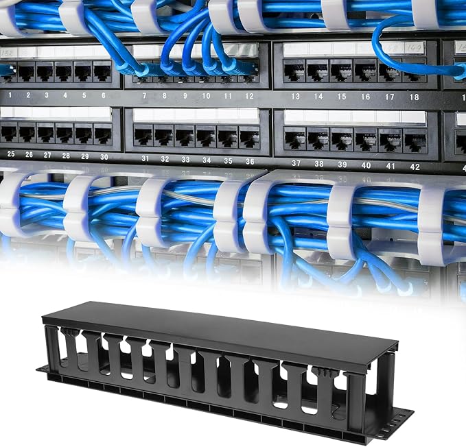 QWORK 4 Pack 2U Horizontal Rack Mount Cable Management Organizer, 19x3.5x3.4 Inches, Black Quality Plastic with 12 Slots
