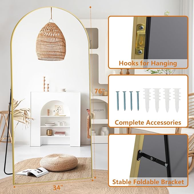 Arched Full Length Mirror, 76"x34" Oversized Floor Mirror Free Standing, Gold Mirror Full Length with Tempered Glass, Full Body Mirror for Bedroom Living Room Gym