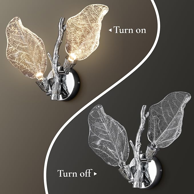 Wall Sconces, Silver Bathroom Sconces Wall Lighting with Clear Acrylic Leaf, Modern Sconces Wall Decor Wall Light fixtures for Bathroom Mirror Living Room Hallway Bedroom Stairs (1pcs,Silver)