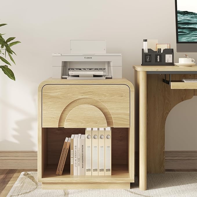 Bestier Night Stand Set of 2, Nightstands with Charging Station, Mid Century Modern Bedside Table with Drawer Storage, Arch Style Design, Curved Profile, Side End Tables for Bedroom