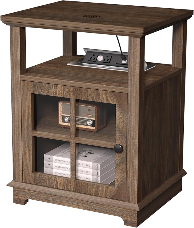 HIFYOBRO 18'' End Table with Charging Station, Adjustable Shelf & Storage, Modern Farmhouse Nightstand for Bedroom, Living Room, Office