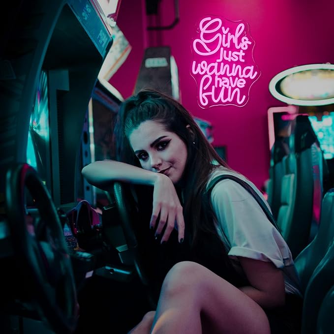 Girls Just Wanna Have Fun Neon Sign 80's Party Decoration Retro Pink LED Neon Light Sleepover Party Girl Neon Signs for Wall Decor,for Bedroom Wedding Christmas Birthday (have fun)