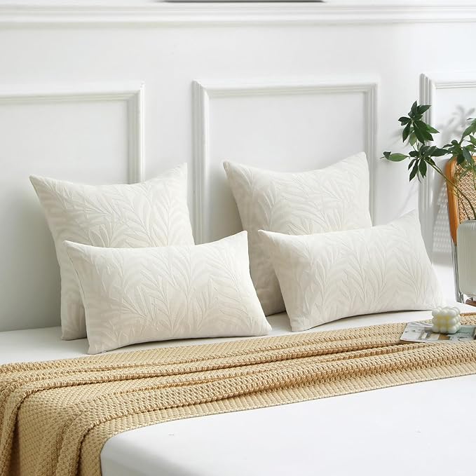 FUTEI Cream Decorative Throw Pillow Covers 12x20 Inch Set of 2,Soft Chenille Phoenix Tail Leaf Textured Pillow Case,Modern Home Decor for Couch Bed Living Room